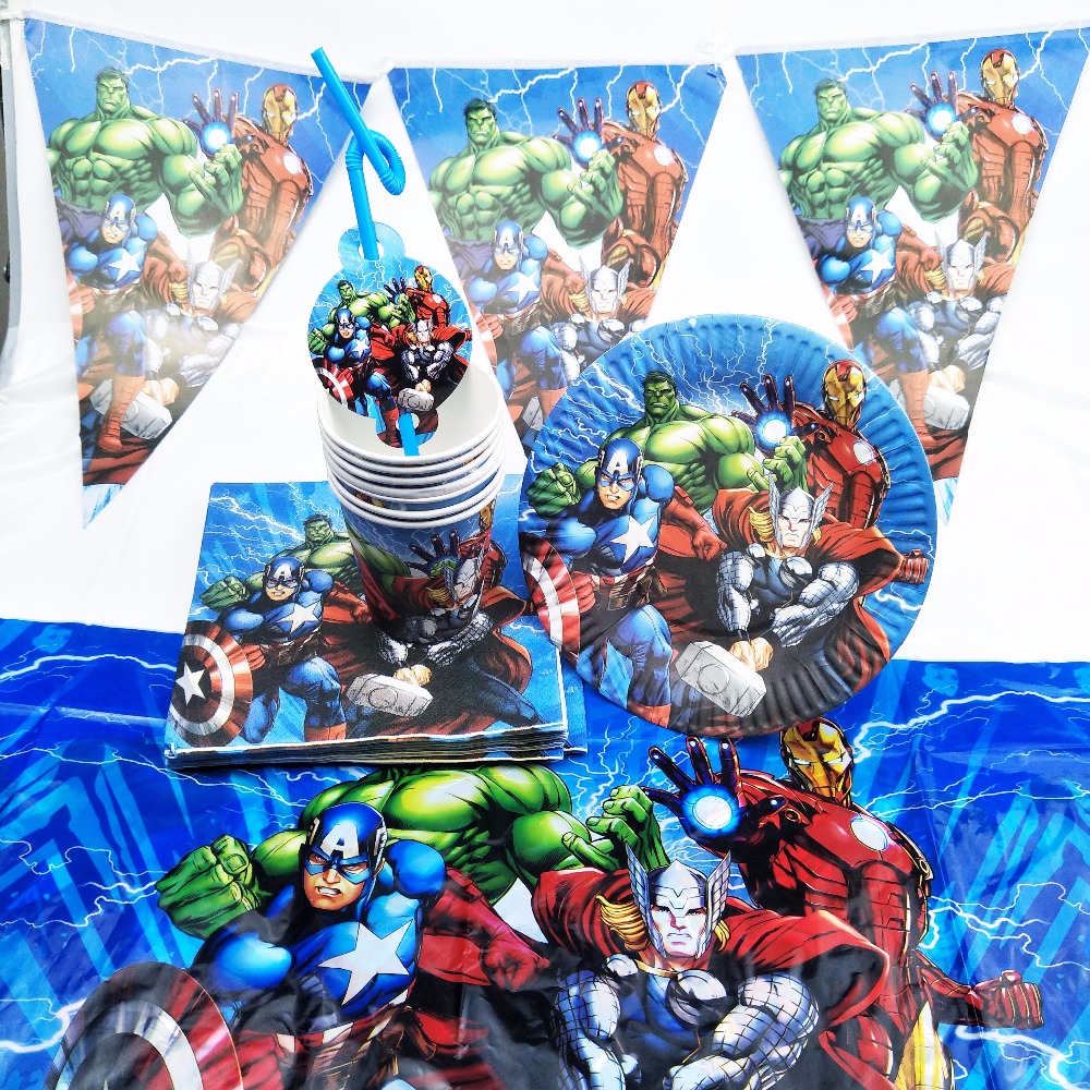 82pc/set Superhero Avengers Kids Birthday Decoration Supplies Tableware Plates cups napkin straw tablecloth Baby Shower Favors