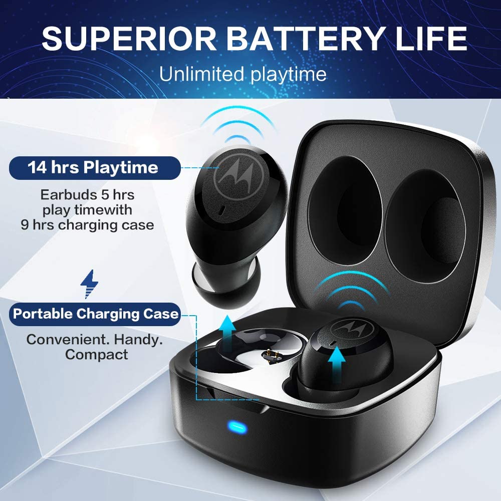 Motorola Bluetooth 5 Stereo Earphone True Wireless Earbuds 14H Play Time Water Resistance Touch Control Smart Voice Assistant