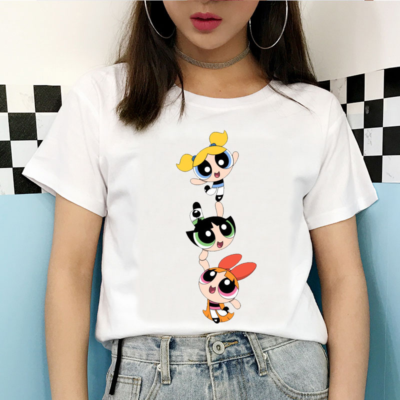 New summer 2020! White Kawaii Powerpuff T-shirts for Harajuku Girls, Funny Cartoon Print T-shirts, Fashion Clothes for Women