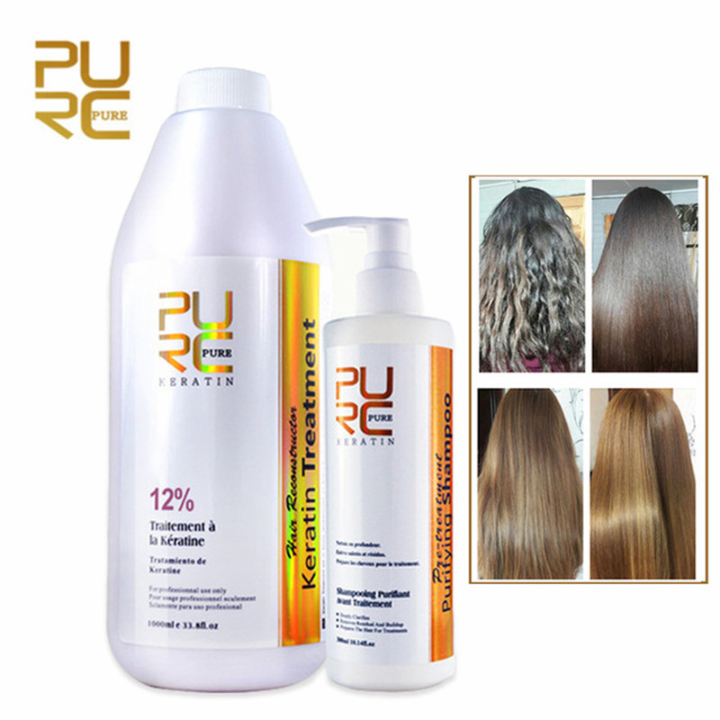 PURC 12% Formalin Brazilian Chocolate Keratin Hair Straightening Treatment + Purifying Shampoo Repair Damaged Hair Care Set