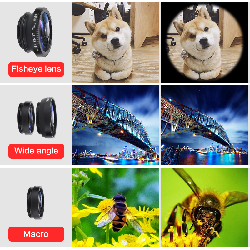 3-in-1 Fish Eye Lenses With Clip 0.67x For IPhone Samsung All Cell Phones Wide Angle Macro Fisheye Lens Camera Kits Mobile Phone