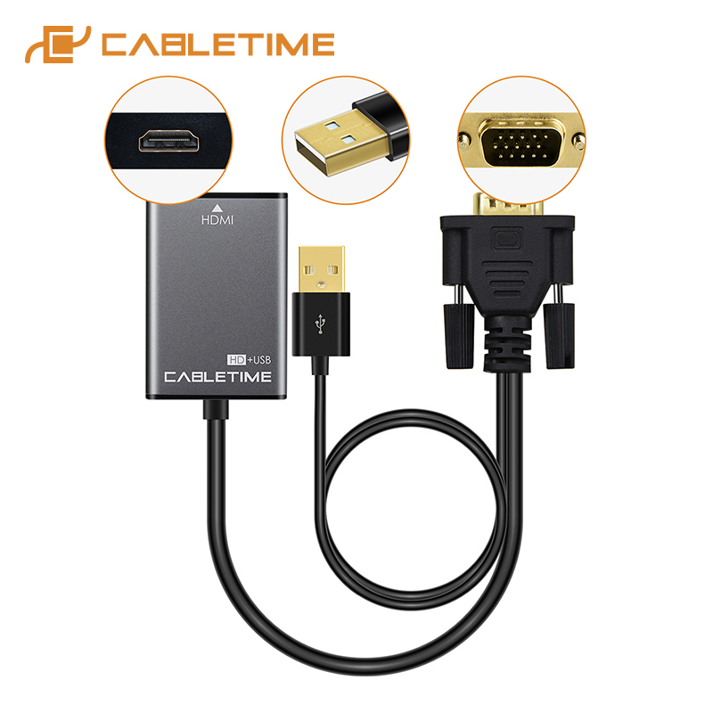 CABLETIME VGA to HDMI with USB Power Cable M/F Adapter 1080P 60Hz VGA with USB Converter for MacBook HDTV Projector C094