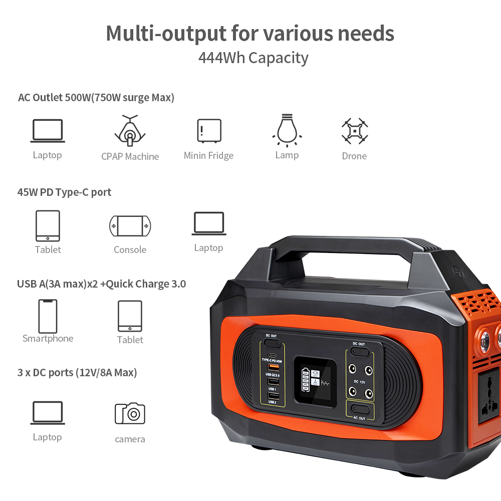 444wh 120000mAh Portable Generator Solar Power Station 500W Output Camping Emergency Power Supply AC