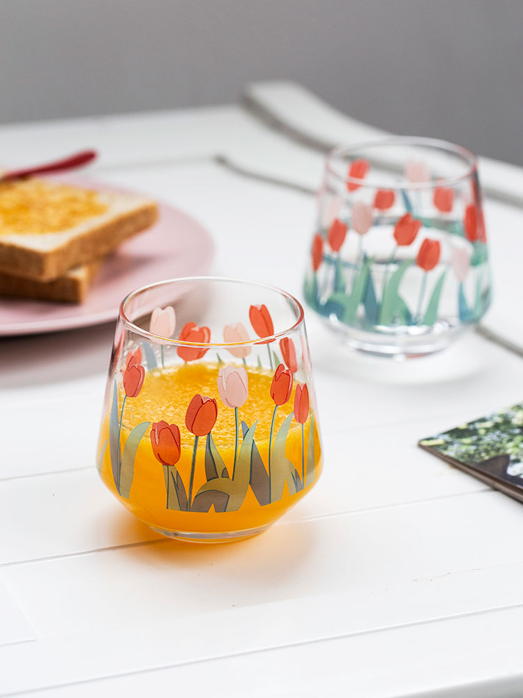 Tulip Cup Glass Japan and South Korea Hand-Painted Tulip Flower Crystal Glasses Household Heat-Resistant Drinking Cups