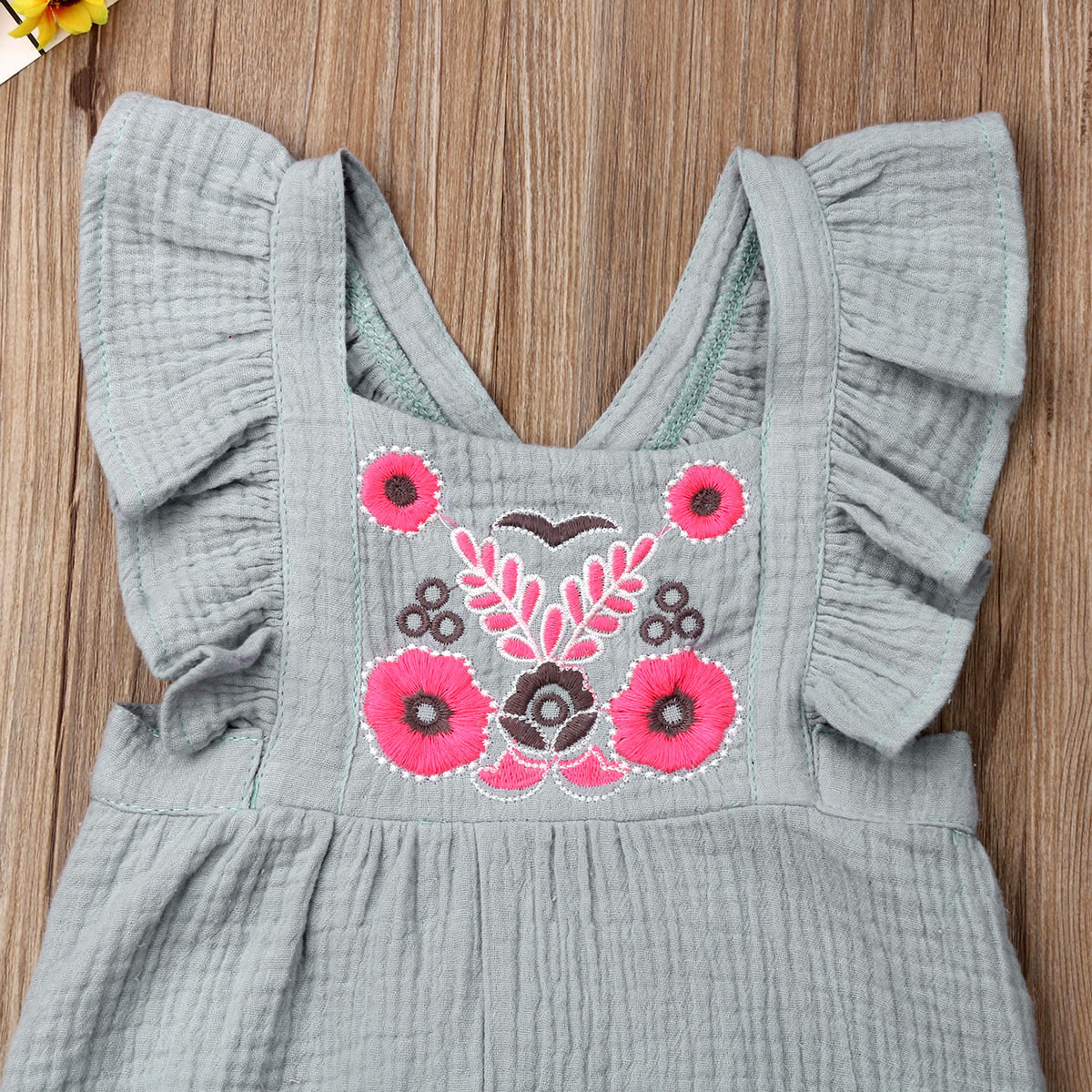 Pudcoco Newborn Baby Girl Romper Flower Embroidery Fly Sleeve Romper Jumpsuit Outfit Sunsuit