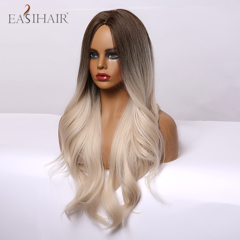 EASIHAIR Ombre Brown Light Blonde Platinum Long Wavy Middle Part Hair Wig Cosplay Natural Heat Resistant Synthetic Wig for Women