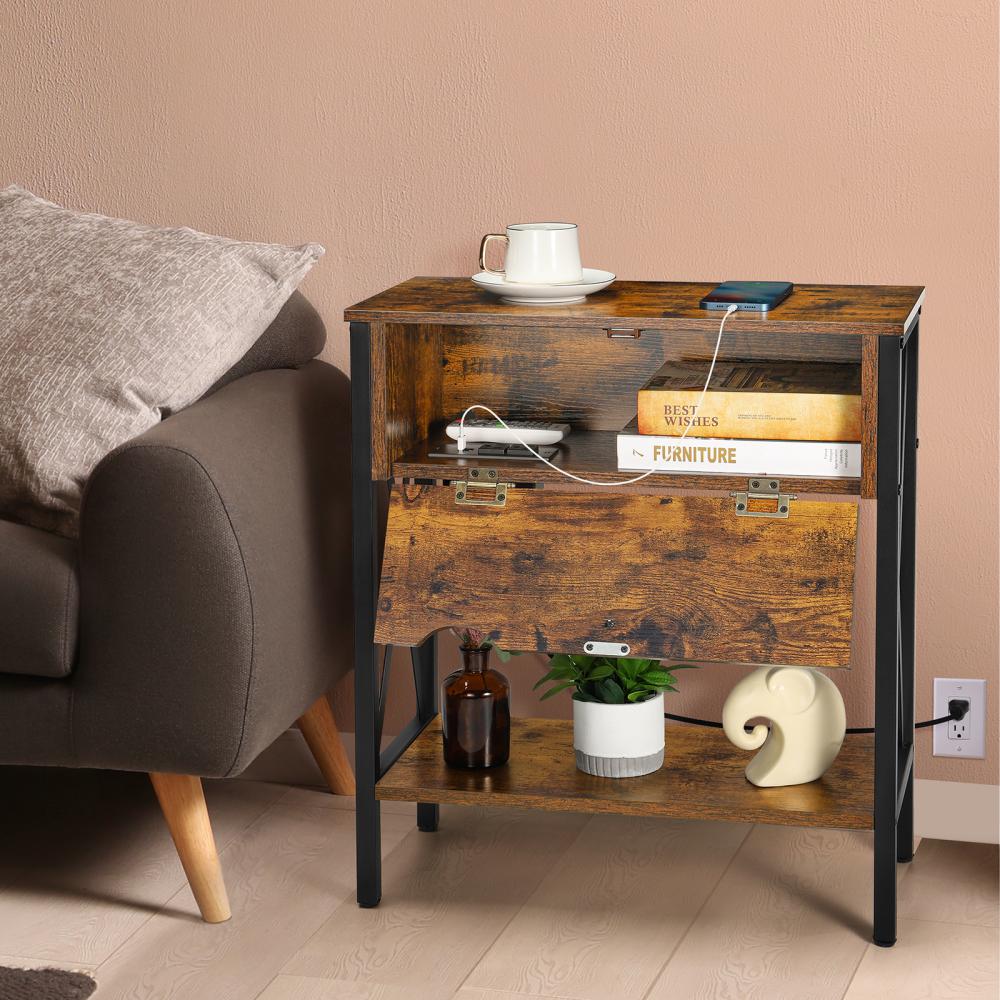 Rustic Storable End Table with Charging Station