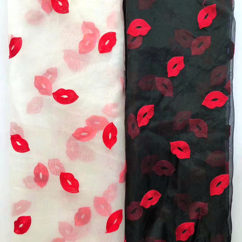 GLace 1Y/lot Glamorous red heart lips pattern embroidery mesh sewing fabric textile for women dress skirt accessories TX1517