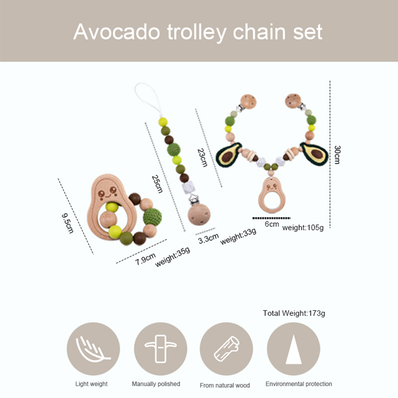 1set Baby Teether Wooden Pram Clip Baby Mobile Pram Silicone Avocado Teeth Pendant Pacifier Chain Mobile Bed Holder Stroller Toy