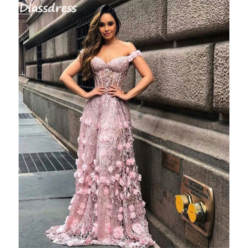 Dusty Pink Tulle Prom Dresses 2020 A-line Illusion Flower Lace Off Shoulder Sweetheart Neck Evening Dress платья знаменитостей