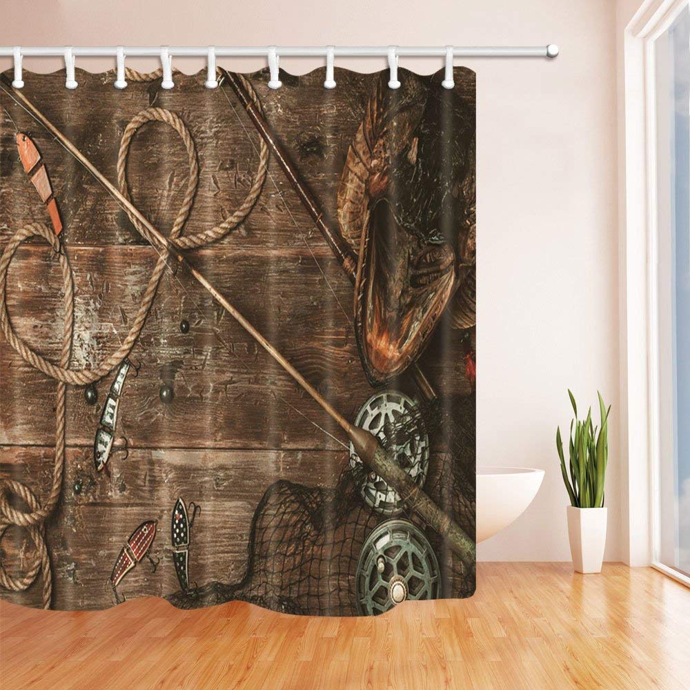 3D Digital Printing Fishing Rod Bait on the Wooden Shower Curtain Waterproof Polyester Fabric Bathroom Decorations Bath Curtains