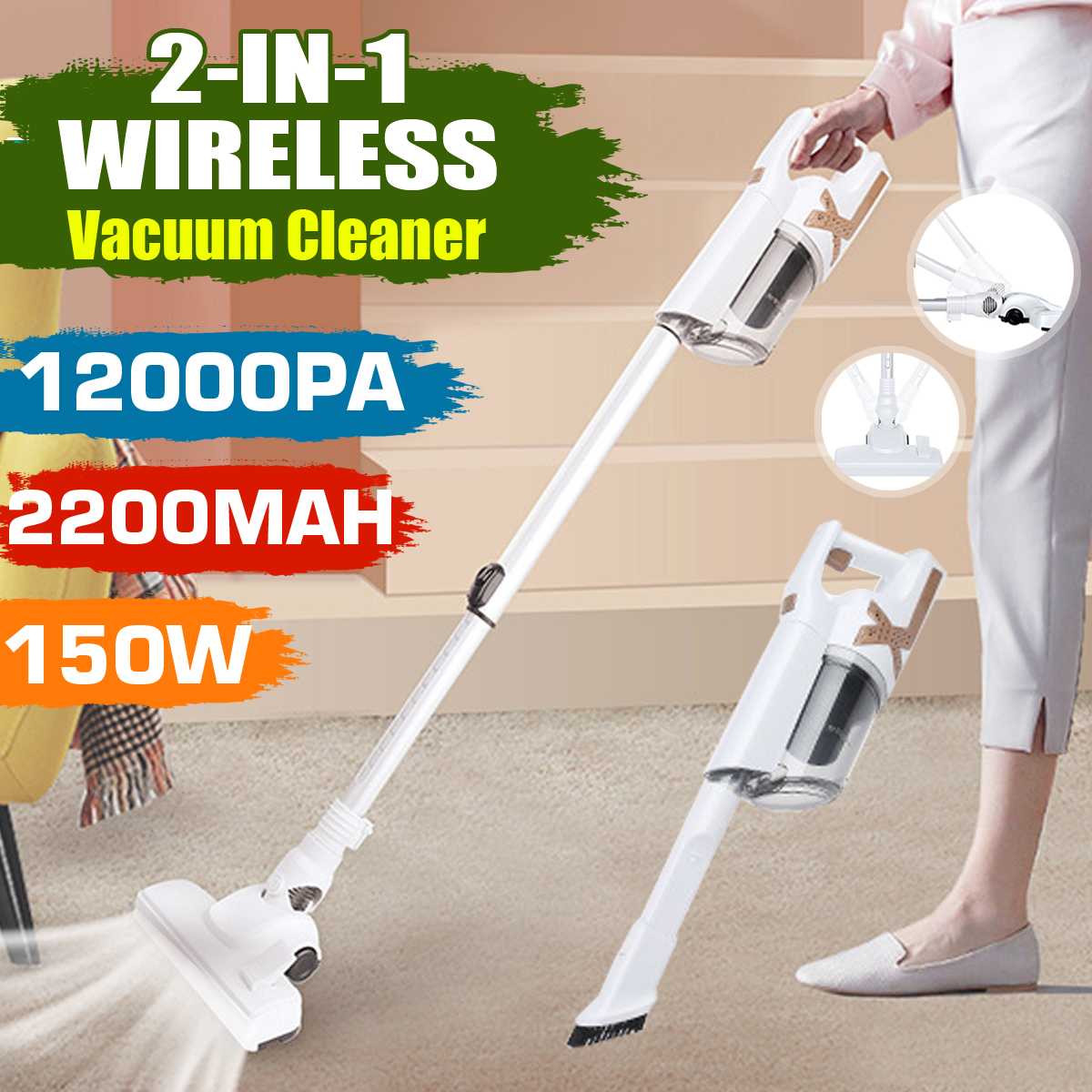 NEW 12000PA Strong Suction Vacuum Cleaner 150W Cordless Handhold Vacuum Cleaner Set Household Mite Remover with LED Lighting
