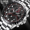 2020 LIGE Fashion Mens Watches Top Luxury Brand Silver Stainless Steel 30m Waterproof Quartz Watch Men Army Military Chronograph