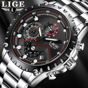 2020 LIGE Fashion Mens Watches Top Luxury Brand Silver Stainless Steel 30m Waterproof Quartz Watch Men Army Military Chronograph