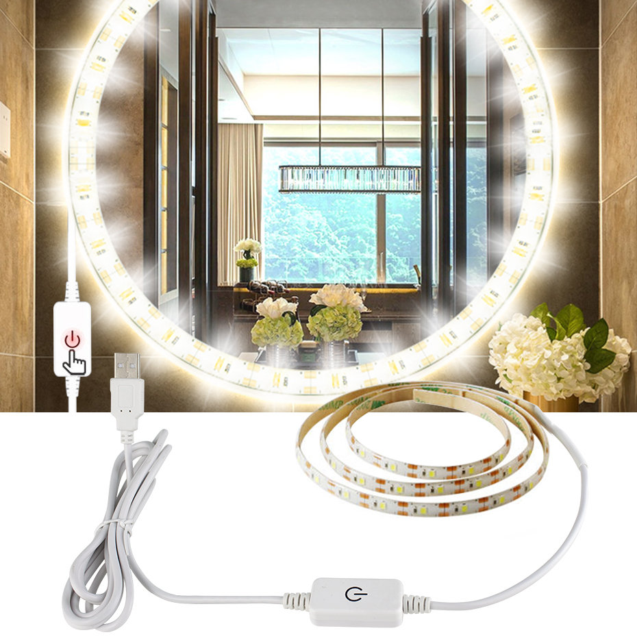 Led Strip Mirror Light 1M 3M 5M USB 5V Bathroom Makeup Vanity Light Tape on Mirror Touch Dimmable Mirror Lights Dressing Table