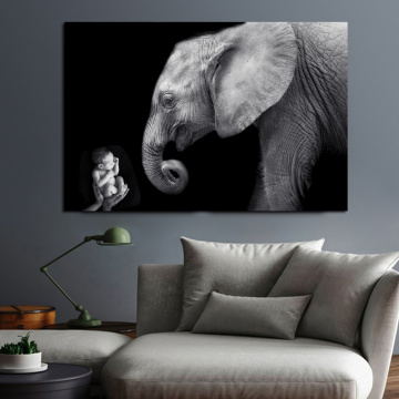 AAHH Animal Oil Painting Poster Baby with Elephant Print Human and Nature Canvas Painitng Wall Pictures for Living Room