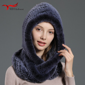 2020 fur hat ladies knitted scarf 100% real rex rabbit fur hooded scarf winter warm natural novel wool hat large female fur hat