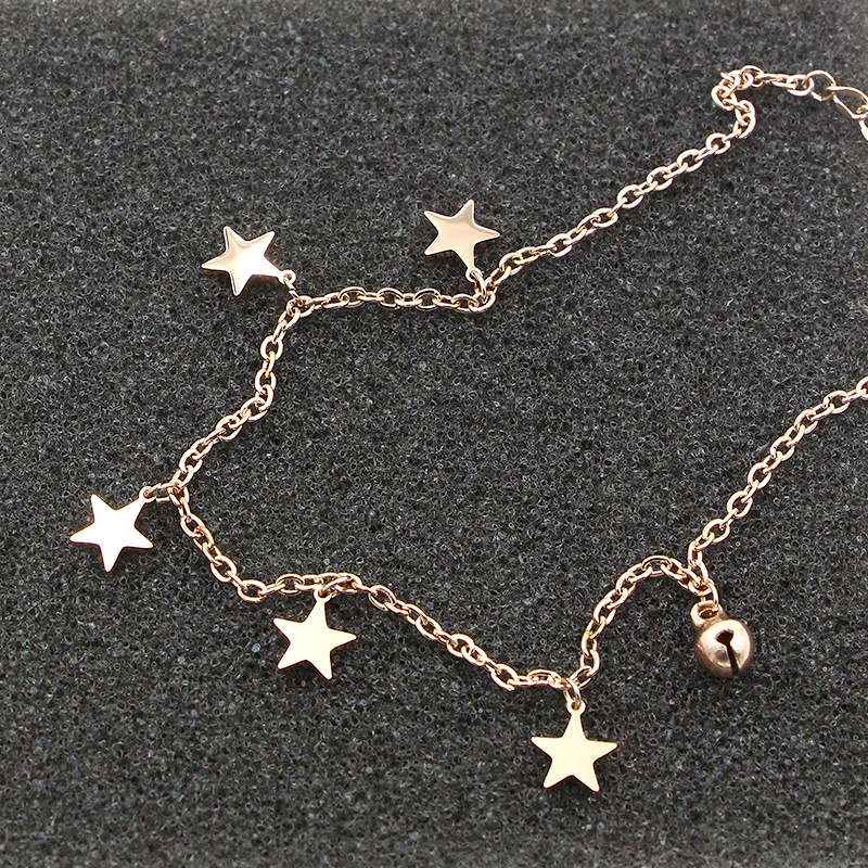Beautiful Rose Gold Color 5 Pentagram And Bell Anklet For Women Stainless Steel High Quality Anklet Jewelry Length 20cm + 5cm