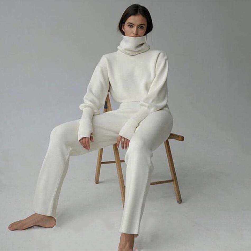 Turtleneck Sweater 2 Pieces Set Women Setchic Knitted Pullover Top + Sweater Pants Jumper Tops Trousers Sweater Suit 2020 Winter