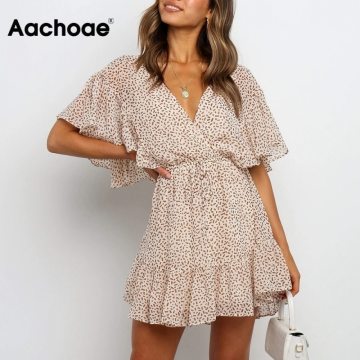 Aachoae Women Boho Printed Chiffon Mini Dress Summer V Neck Ruffled Sexy Beach Dresses A Line Short Sleeve Holiday Casual Dress