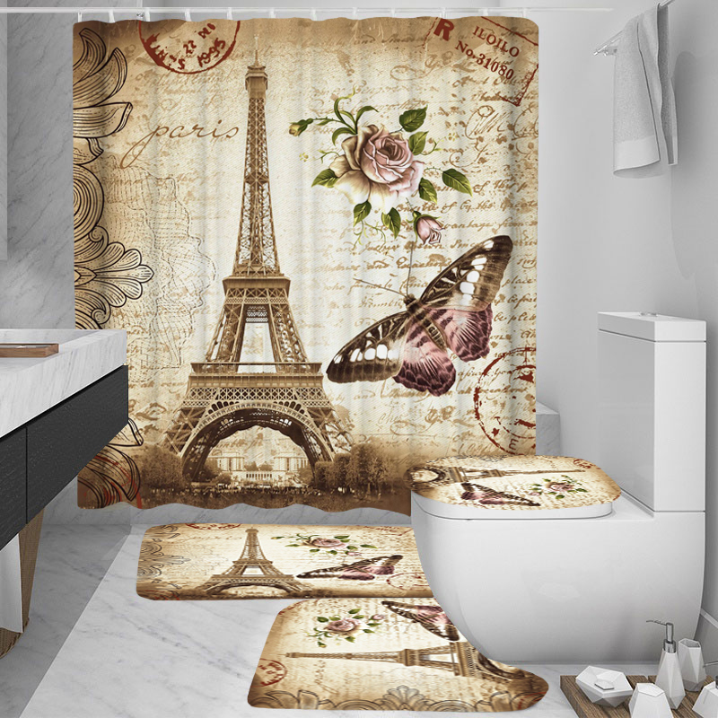 Paris Tower Landscape 3D Waterproof Shower Curtains Bathroom Curtain Sets Anti Slip Pedestal Rug Lid Toilet Cover Bath Mat Set