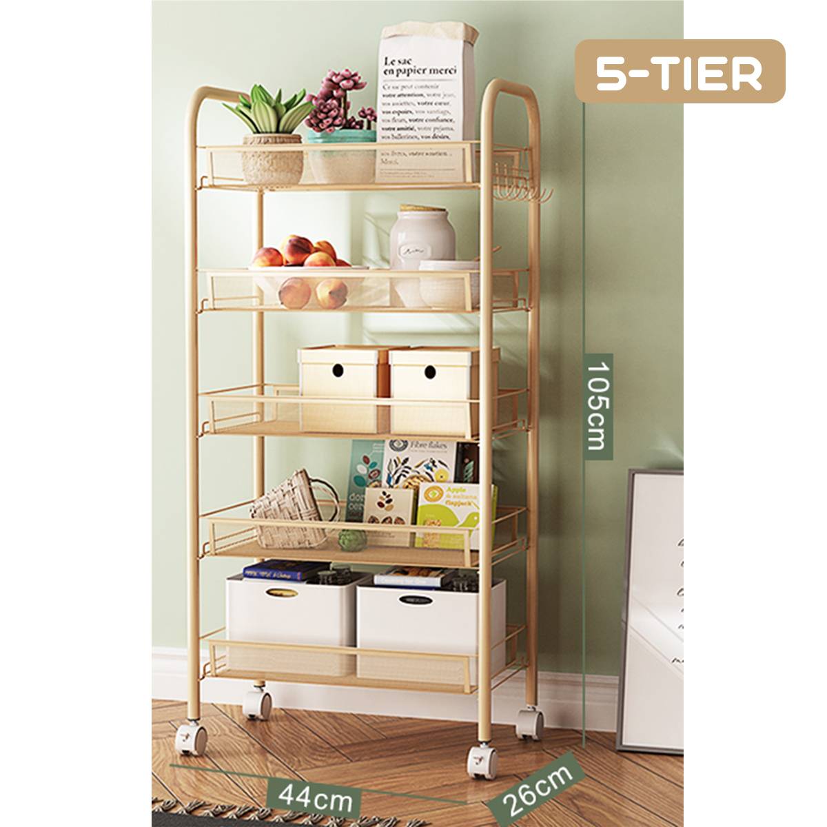 3/4/5 Tier Kitchen Trolley Cart Dining Shelf Island Rack Basket Storage Drawers Kitchen Bathroom Organizer + Wheels Gift Hook