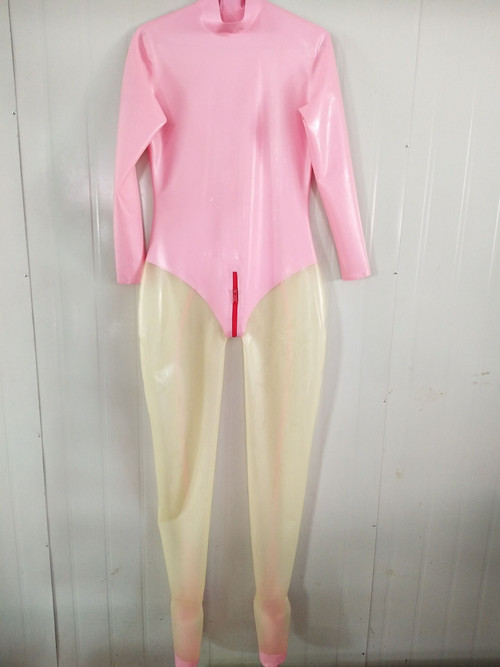 2019 Latex Rubber Catsuit Exercise Tights Suit Catsuit Pink and Transparent Bodysuit Size XXS-XXL