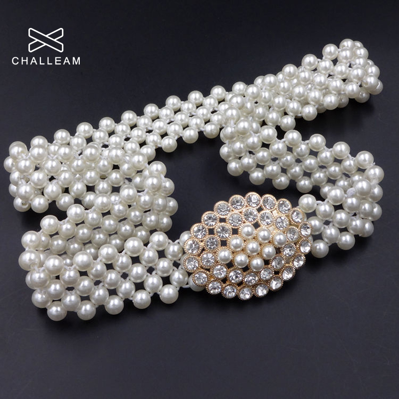 Luxury Women Pearl Belt For Dress Elegant Floral Buckle Full Plastic Pearl Decoration Rhinestone Wedding Belt Elastic Waist 121