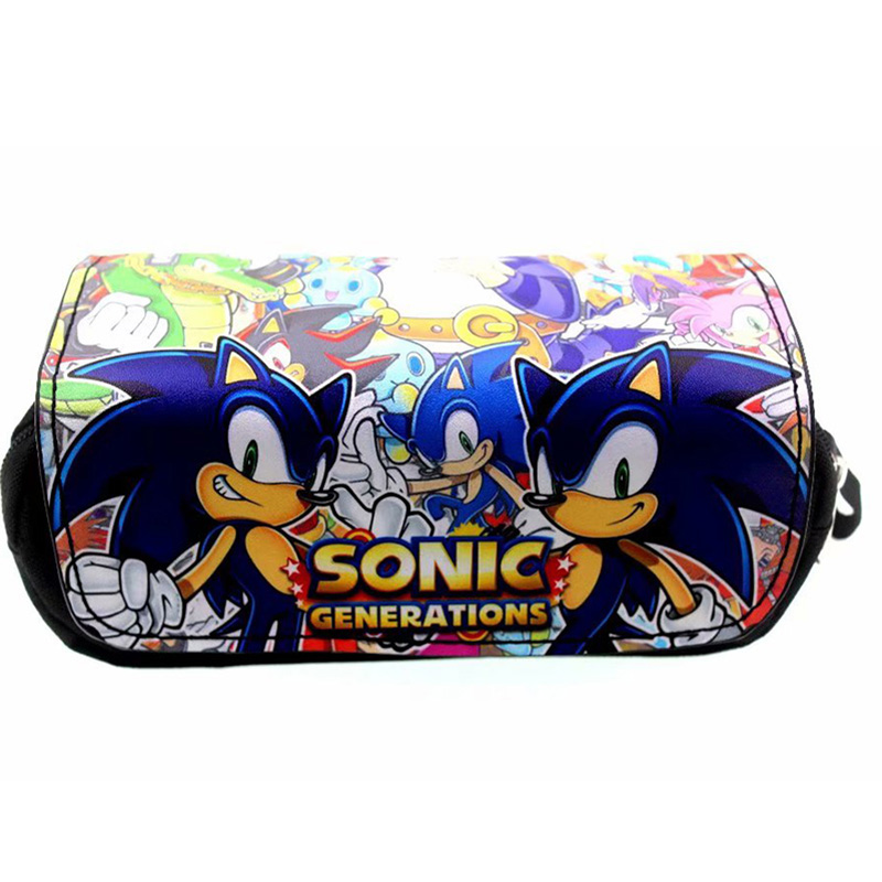 Anime Sonic Leather Canvas Pencil Bags Cute Cartoon Double Zipper Organizer Purse Student Stationery Cosmetic Bags Cases Gifts