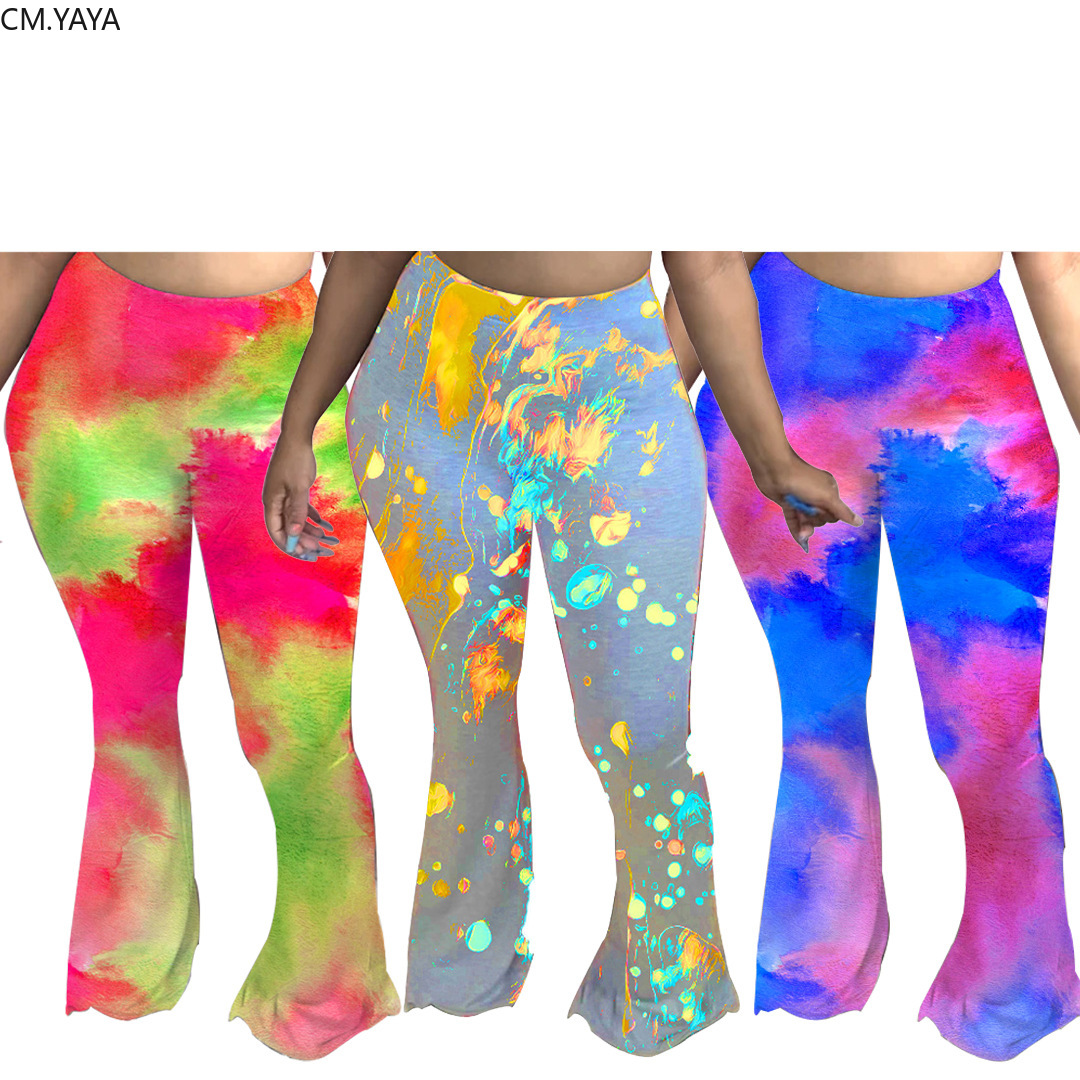 CM.YAYA Autumn Women Fashion Tie Dye Print High Waist Skinny Flare Pants Vintage Bell Bottom Jogger Sweatpants Trousers