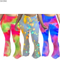 CM.YAYA Autumn Women Fashion Tie Dye Print High Waist Skinny Flare Pants Vintage Bell Bottom Jogger Sweatpants Trousers