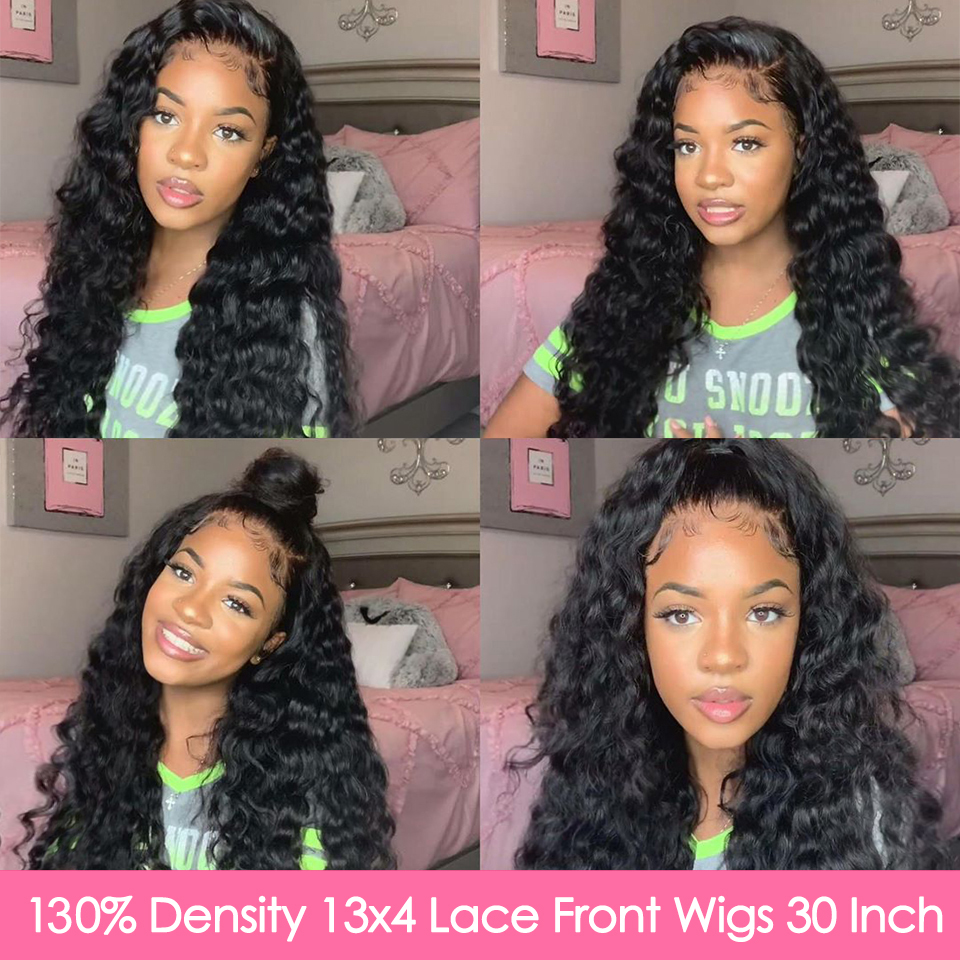 Aircabin 30 Inch 13x4 Lace Front Wigs Loose Deep Wave Brazilian Natural Color Remy Human Hair T Part Lace Wig For Black Women