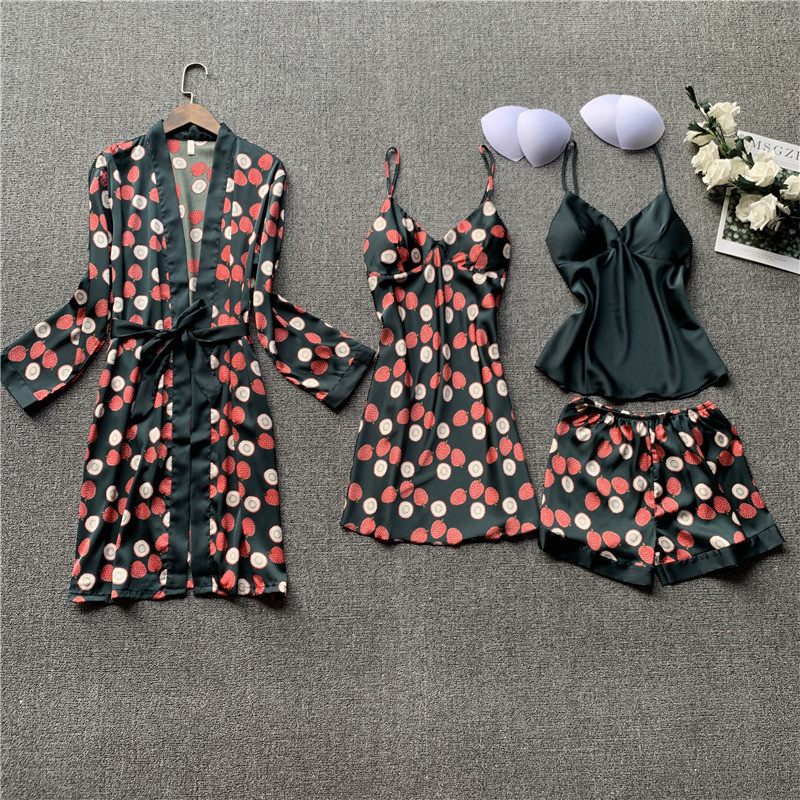 Women Satin Print Sleepwear 4 Pieces Pyjamas Sexy Lace Pajamas Sleep Lounge Pijama Silk Night Home Clothing Pajama Suit