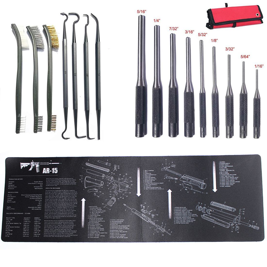 Gun Cleaning Mat with Double Ended Cleaning Brushes Roll Pin Punch Gunsmithing Tools AR15 Workbench Mat with Parts Diagram 36"