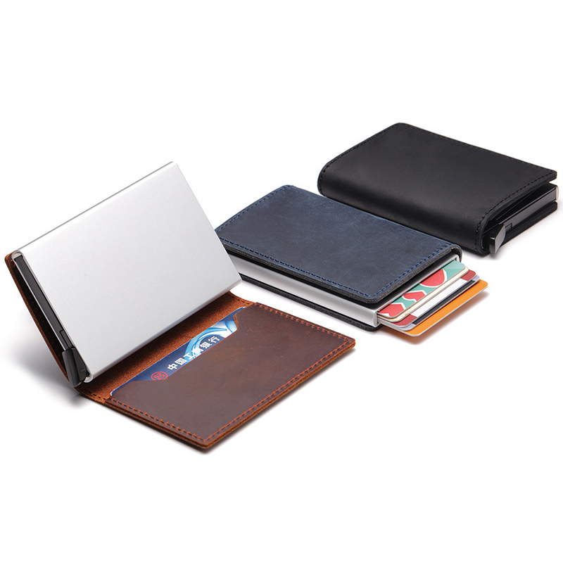 DIENQI Genuine Leather Rfid Credit Card Holders Case Metal Men Women Business Bank id Card Box Wallet for Credit Cards pashouder