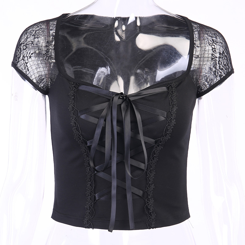 InsGoth Goth Top Vintage Gothic Bandage Lace Black Tops Aesthetic Elegant Sexy Short Sleeve T Shirt Women Chic Bodycon Outfit