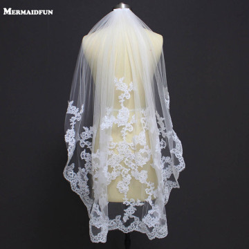 New One Layer Lace Appliques Short Wedding Veil with Comb New White Ivory Tulle Bridal Veil Voile De Mariee
