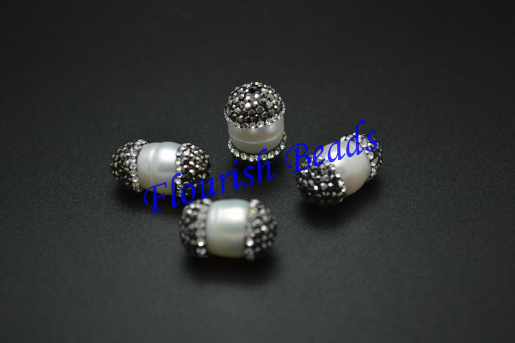 Paved Black Crystal Beads on Two Side White Fresh Water Pearl Potato Oval Shape Beads