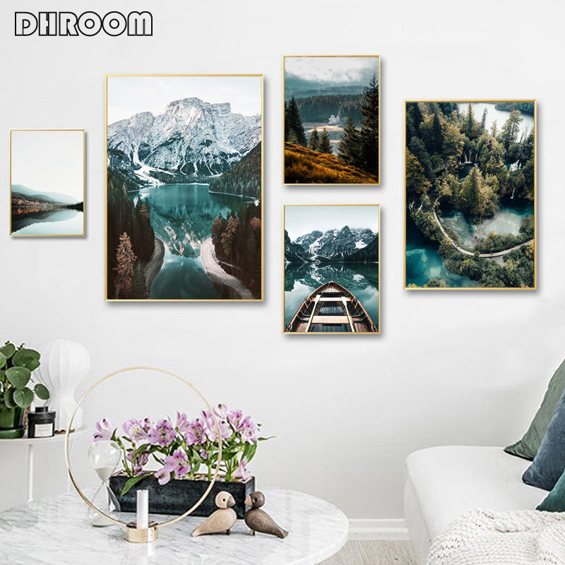 Nature Landscape Painting Forest Mountain Lake Poster Nordic Style Canvas Print Art Painting Wall Pictures Home Decoration