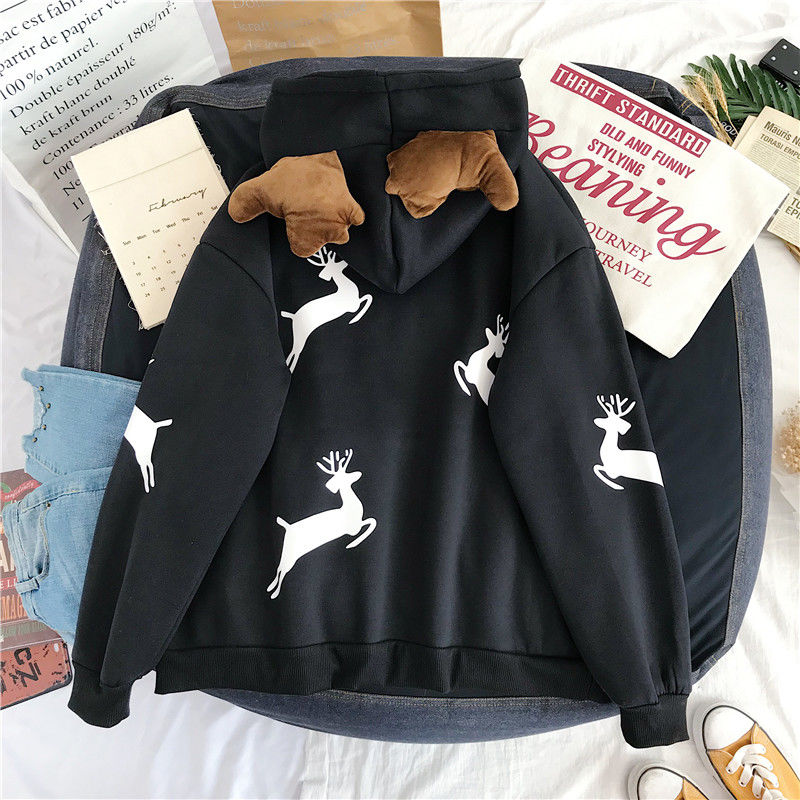 Merry Christmas gift Snow deer print Harajuku hoodie women winter jacket Red Kawaii sweatshirt Korean style Pullovers clothes