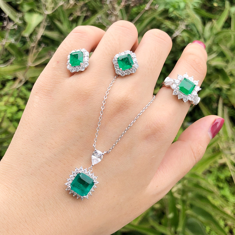 PANSYSEN luxury Green emerald diamond Necklace/Earrings/Ring jewelry set for women solid 925 sterling silver fine jewelry sets