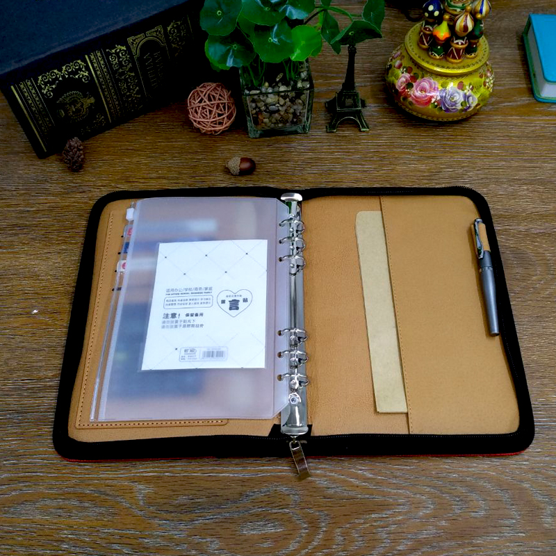 Portfolio A5 Binder 6 Ring Loose Leaf Notebook Cover Leather Organizer Zipper Folder Bag Calculator Storage Ziplock Bag Gift Set
