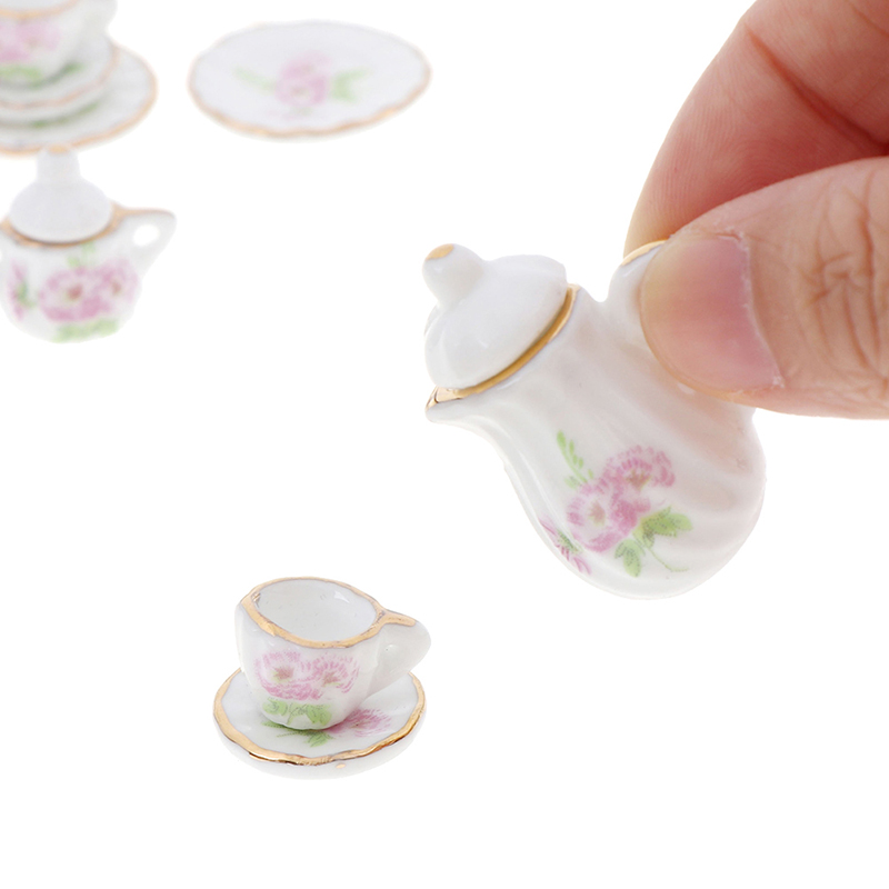 8 Patterns 1:12 Miniature 15Pcs Porcelain Tea Cup Set Chintz Flower Tableware Kitchen Dollhouse Furniture Toys For Children