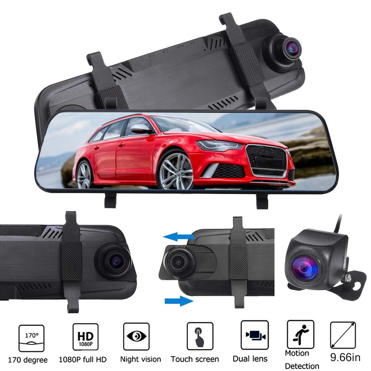 9.66" Dual Lens HD 1080P Car DVR Camera Dash Camera Dash Cam Video Recorder Auto Registrator Rear View Mirror Touch Screen