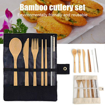 6pcs/Set Dinner Set Knife Fork Chopsticks Spoon Straw With Cloth Pack Environmentally Travel Dinnerware Suit Bamboo Cutlery Set