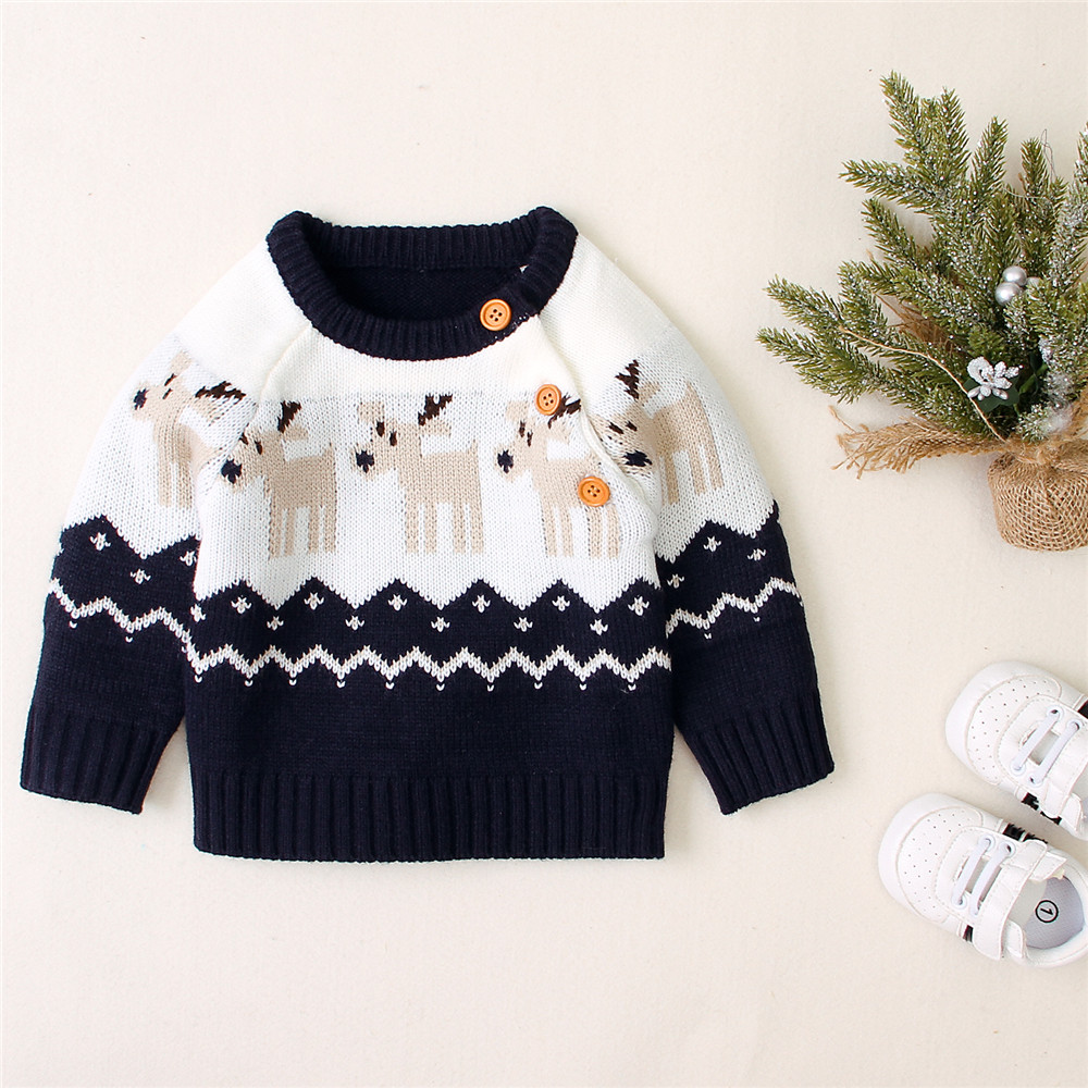 Newborn Infant Baby Boy Girl Christmas Sweater Round Neck Long Sleeve Loose Elk Pattern Print Pullover Top For Autumn Winter