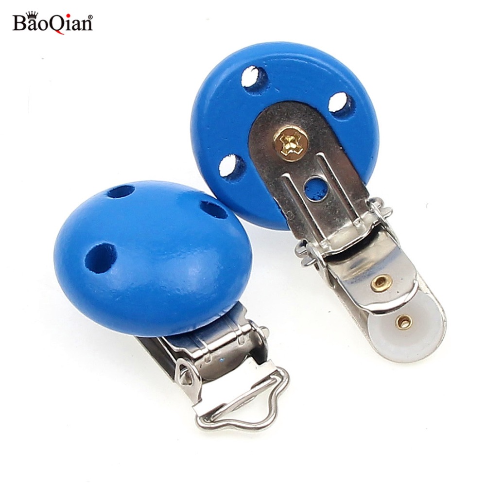 5Pcs Blue Wooden Metal Baby Dummy Pacifier Clips Holders Round Clasps Suspender Garment Accessories Plastic Insert 29x45mm