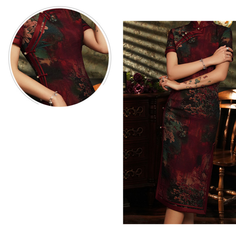 Sheng Coco Ladies Novelty Improved Silk Cheongsam Slim Daily Chinese Qipao Dress Red Flower Design Plus Size Clothes