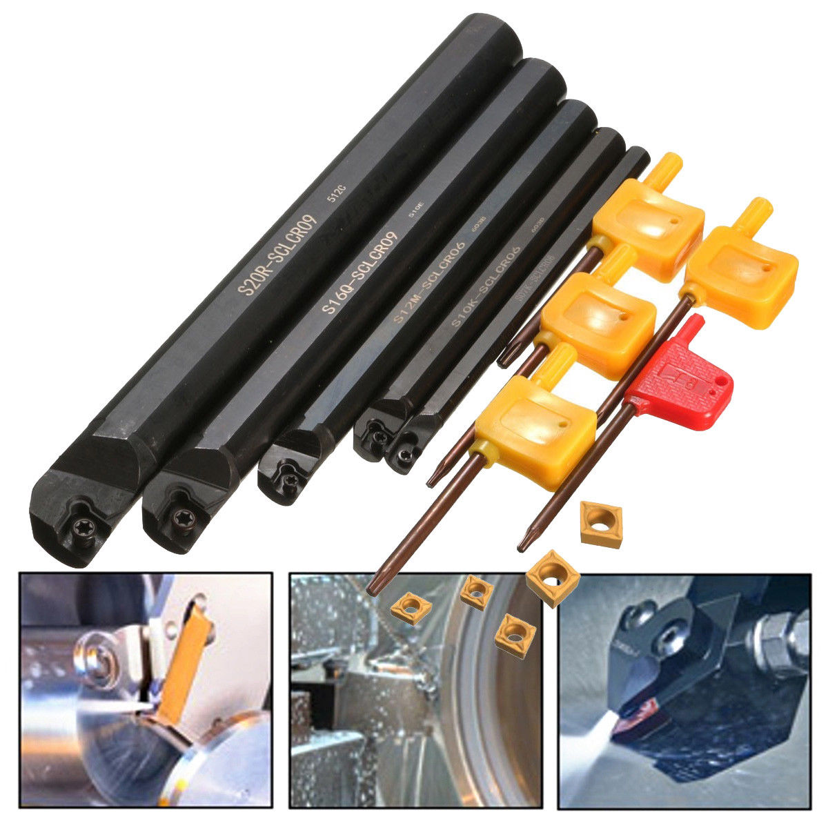 5Pcs 7/10/12/16/20mm SCLCR09 Lathe Boring Bar Turning Tool Holder Set+5Pcs CCMT060204 Inserts Blades Lathe Tools