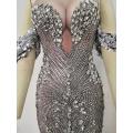 Sparkly Sequins Nude Dress Sexy Full Stones Long Big Tail Dress Costume Prom Birthday Celebrate Dresses Drag queen colthing